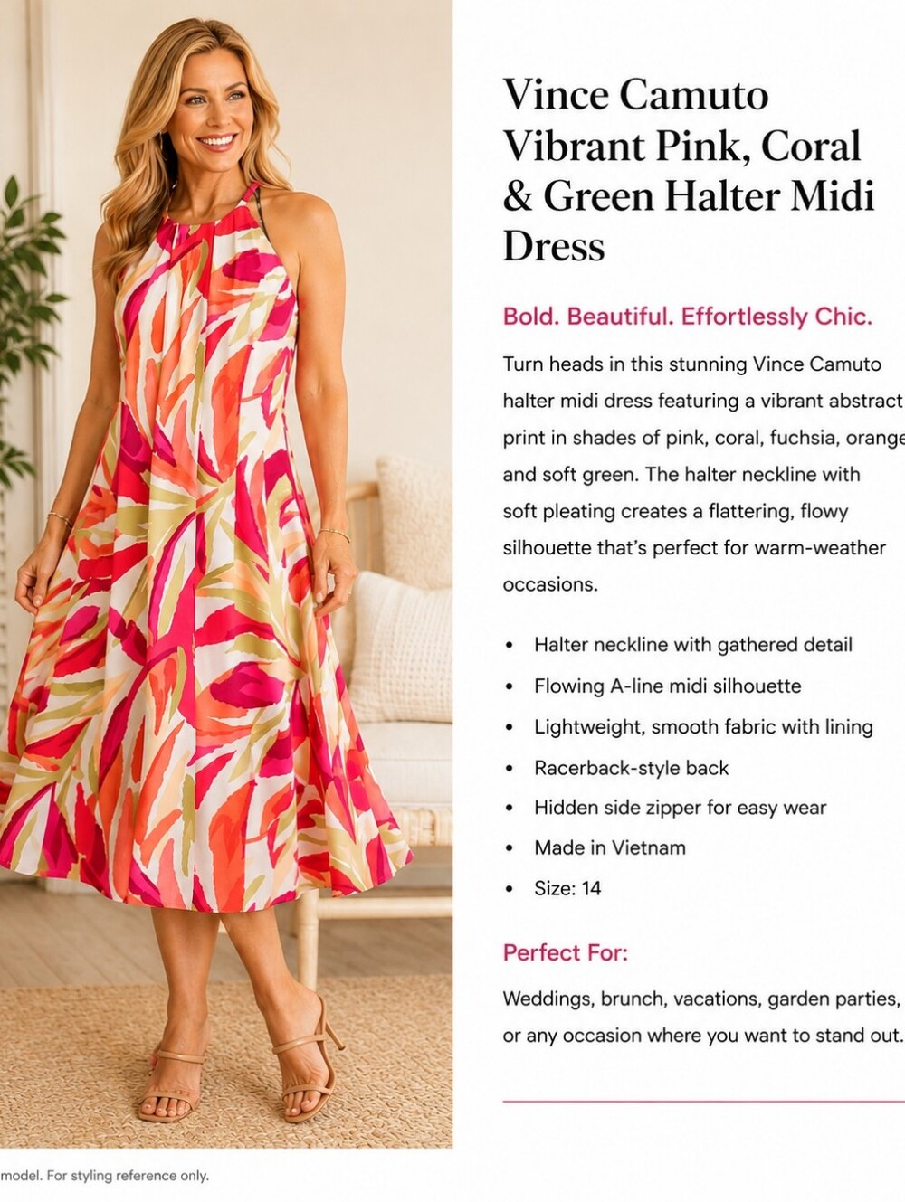Vince Camuto Vibrant Pink, Coral & Cream Halter Midi Dress